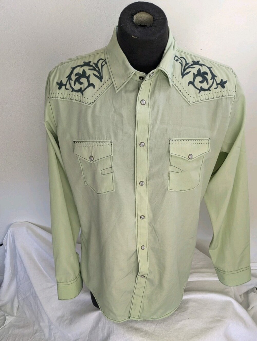 Men's Embroidered Western Rock Pearl Snap XL Green